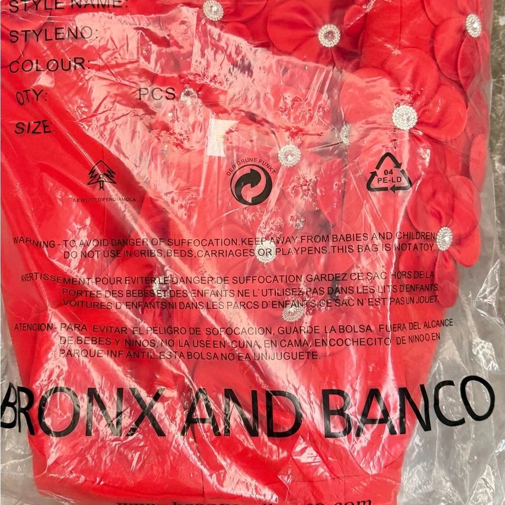 Bronx and Banco Red Floral Appliqué Deep V Mini Dress-RRP$895